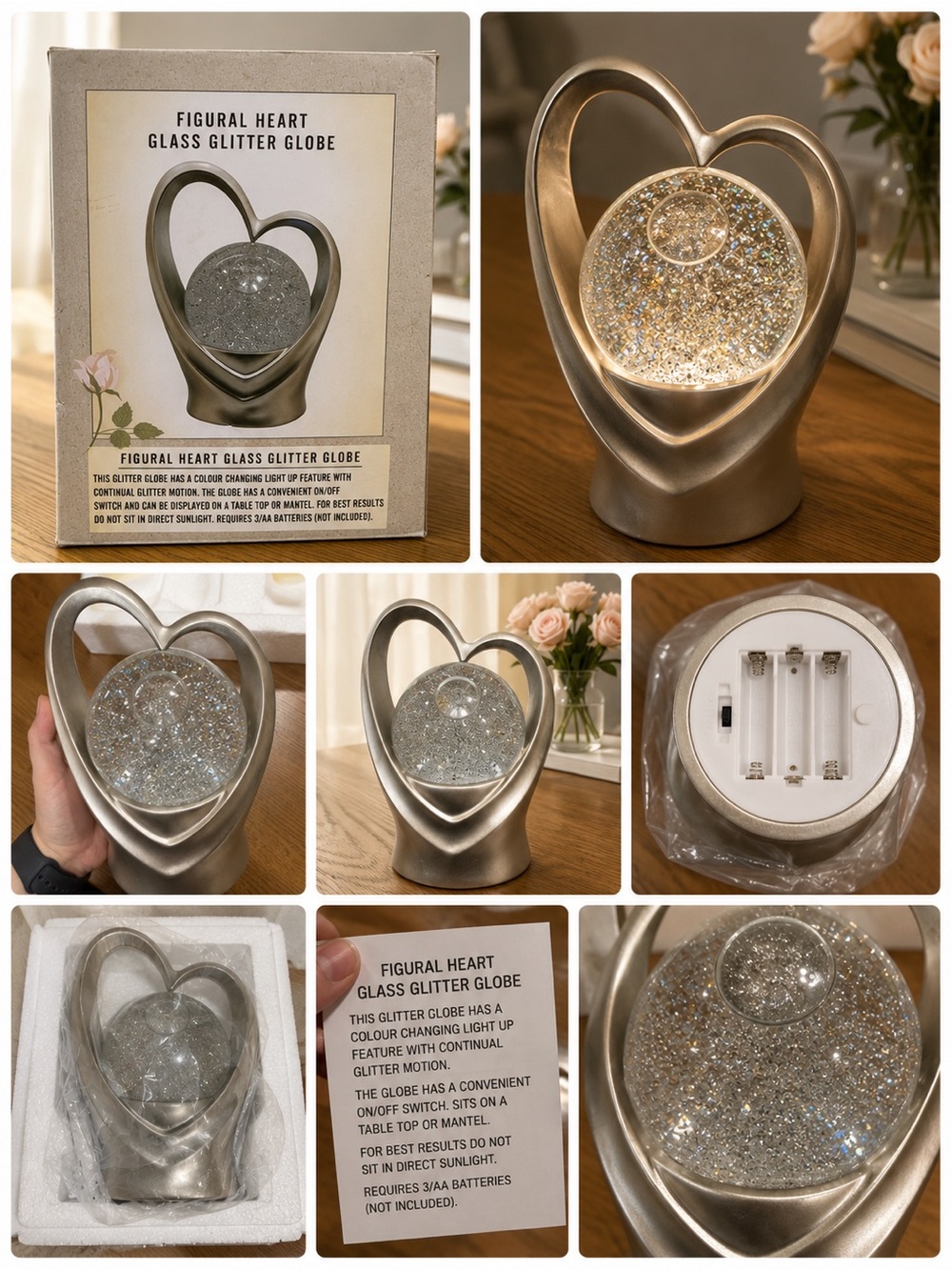 Figural Heart Glass Glitter Globe - Silver LED Accent